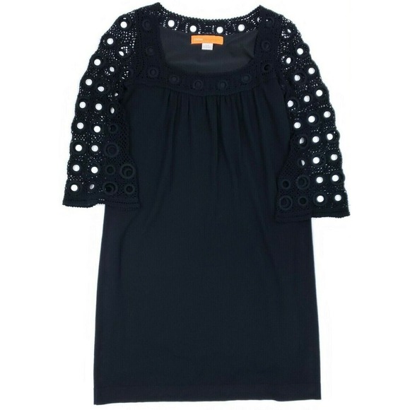 Cynthia Steffe Dresses & Skirts - Cynthia Steffe Knit Shift Dress S Black Crochet Eyelet 3/4 Sleeve Knee Length